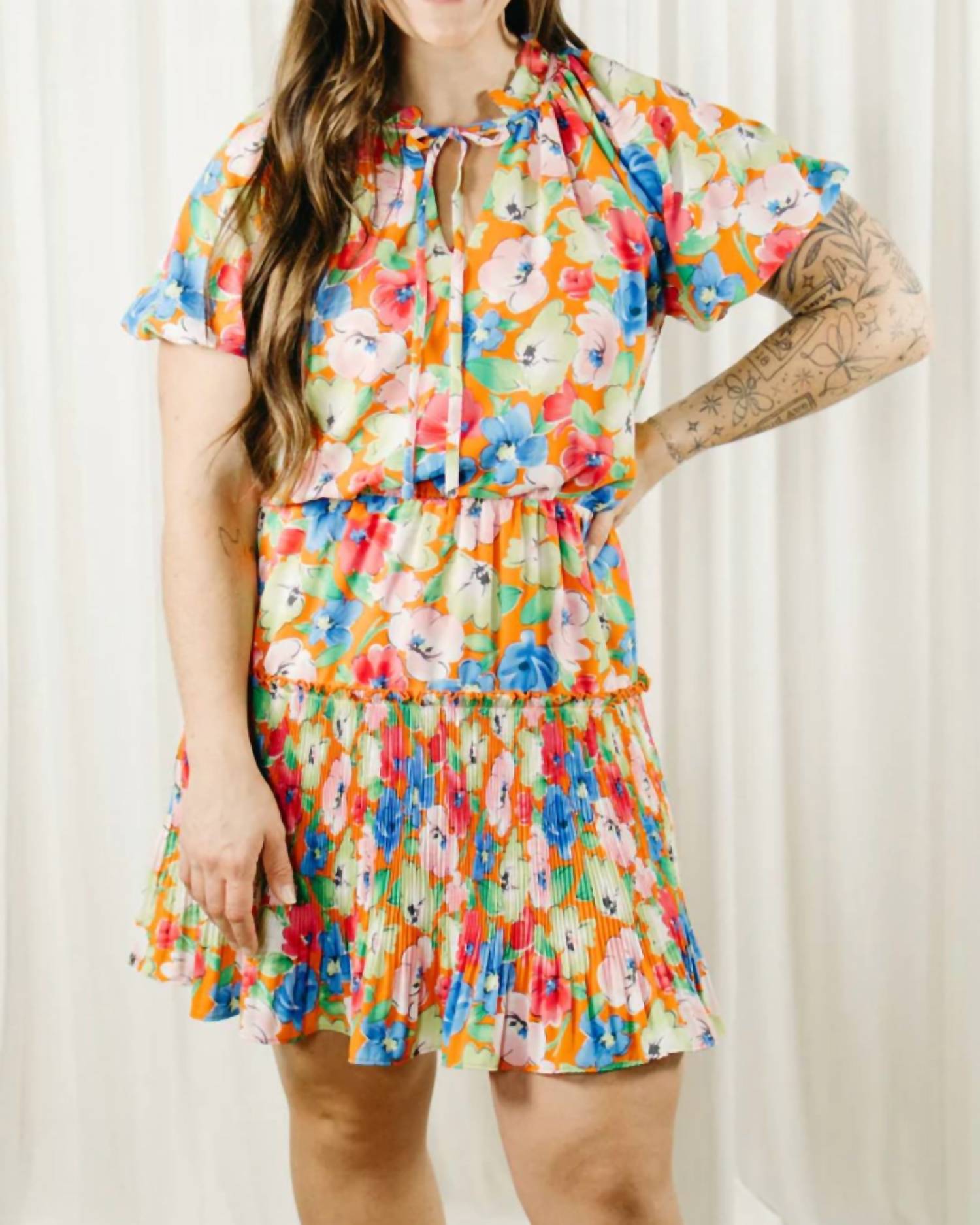 entro Sketched Floral Flutter Dress in orange multi - women's dress