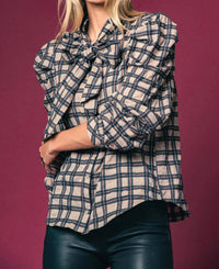 THE SHIRT Long Sleeve French Bow Shirt in tan black plaid - women's blouse - alternate view