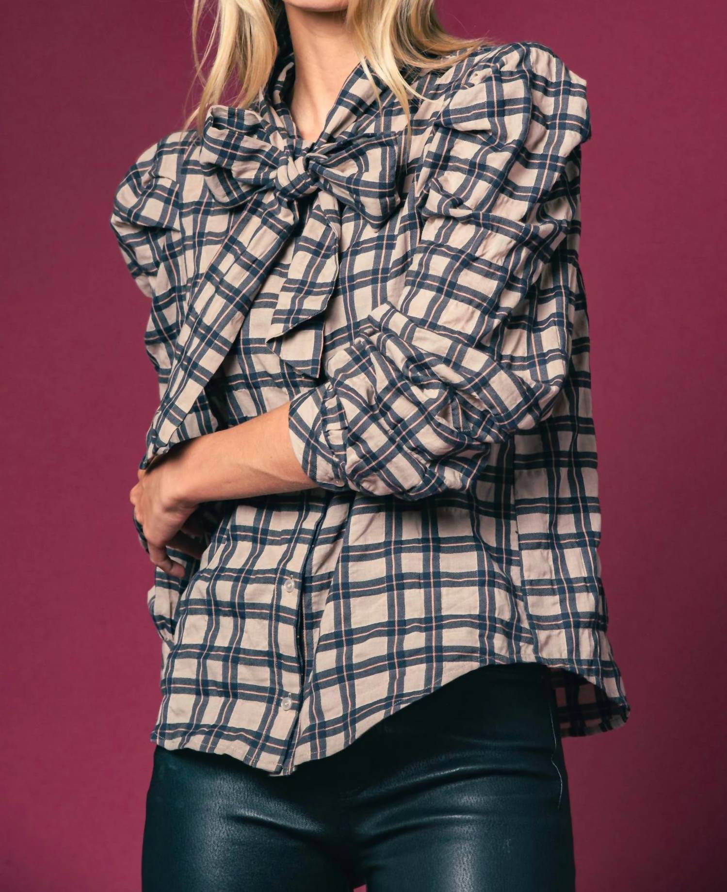 THE SHIRT Long Sleeve French Bow Shirt in tan black plaid - women's blouse - alternate view