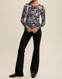 Listicle - Floral Print Mesh Fitted Long Sleeve Top