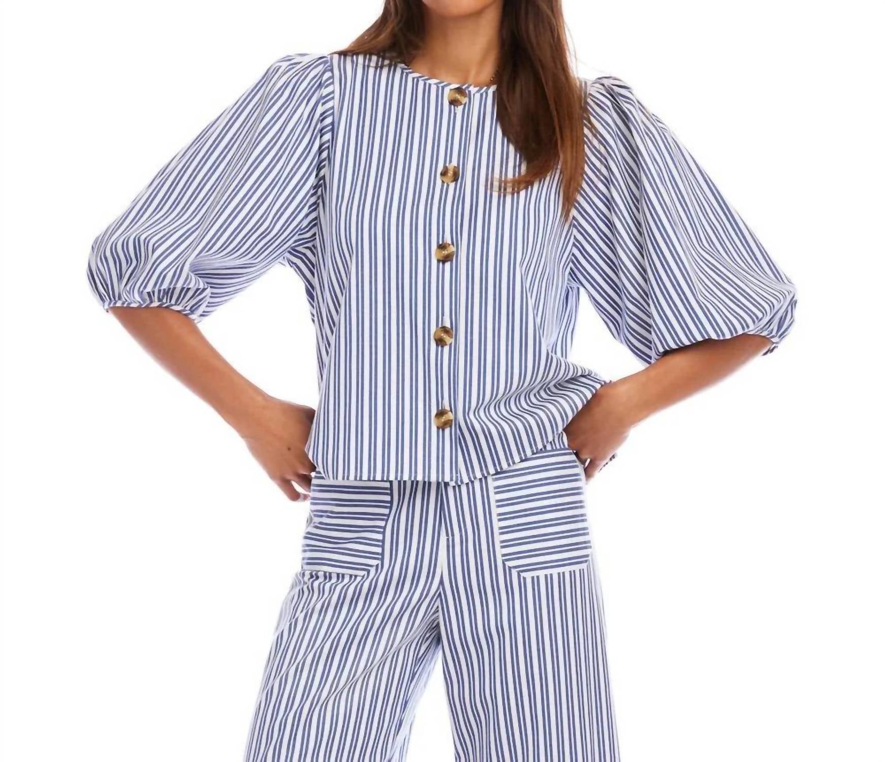 Karen Kane - Stripe Puff Sleeve Button Front Top