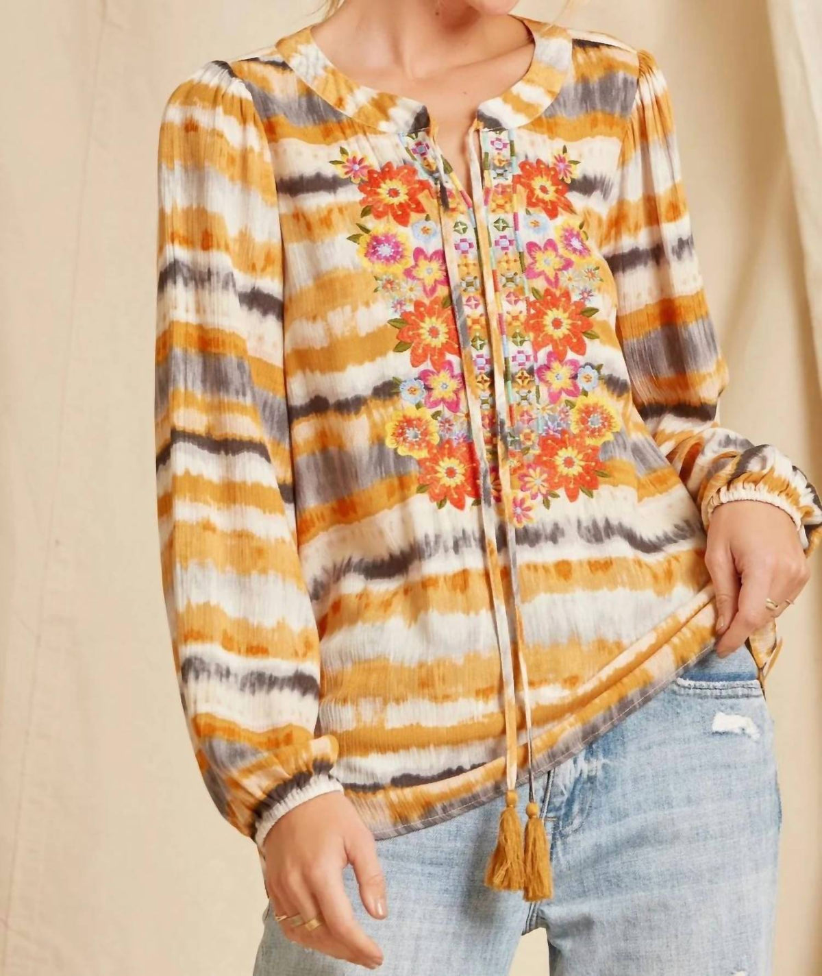 Andree By Unit - Tie Dye Floral Embroidered Top