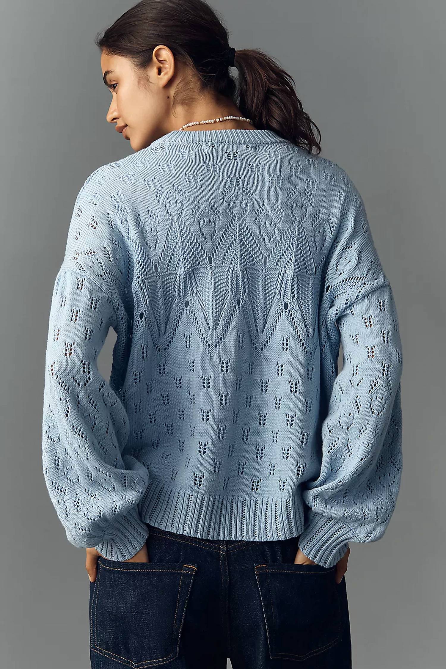 bishop + young CREWNECK POINTELLE SWEATER in light blue - women's sweater - alternate view