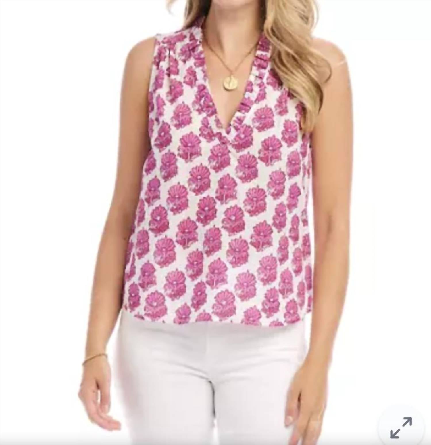 Karen Kane Boardwalk Sleeveless Ruffle Trim Top in pink print - women's blouse