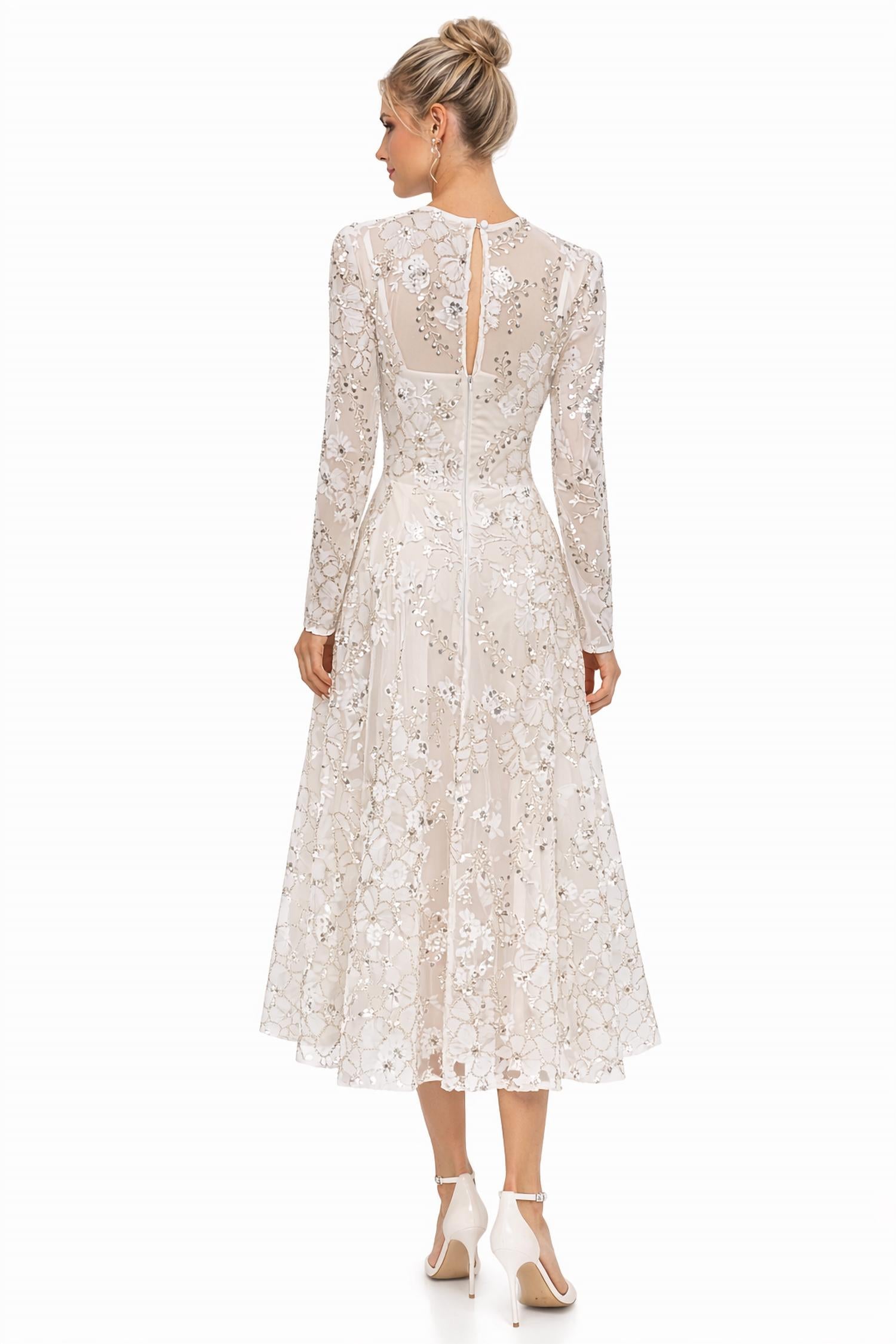 DRESS THE POPULATION Embellished Tea-length Midi Dress in white - women's dress - alternate view