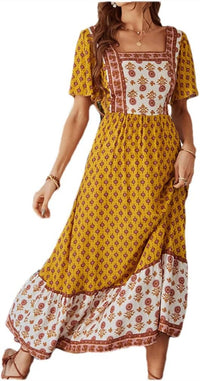 Supreme Fashion - Square Neck Short Sleeve Floral Maxi Dress