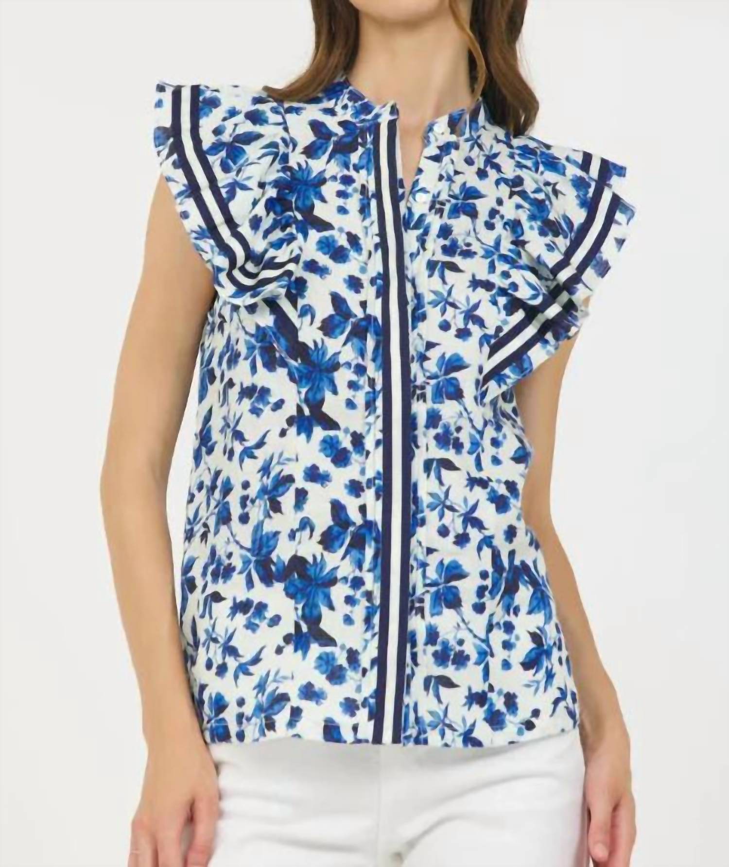 Stellah - Sleeveless Ruffle Button Down Top