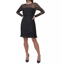 DKNY Jewel-neck Belted A-line Pleated Mesh Dress in black - women's dress - detail view