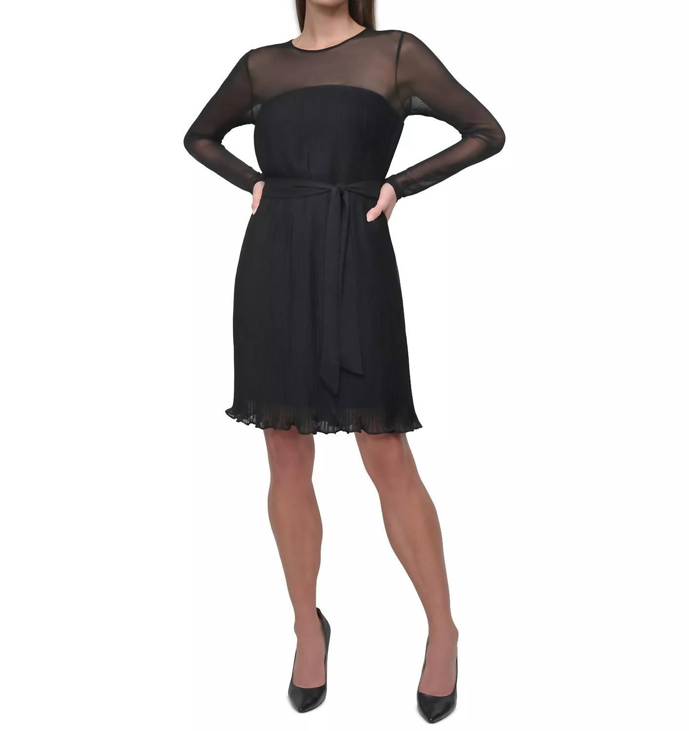 DKNY Jewel-neck Belted A-line Pleated Mesh Dress in black - women's dress - detail view