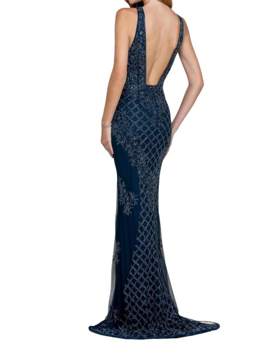 Scala - Embellished Plunge Neck Evening Gown