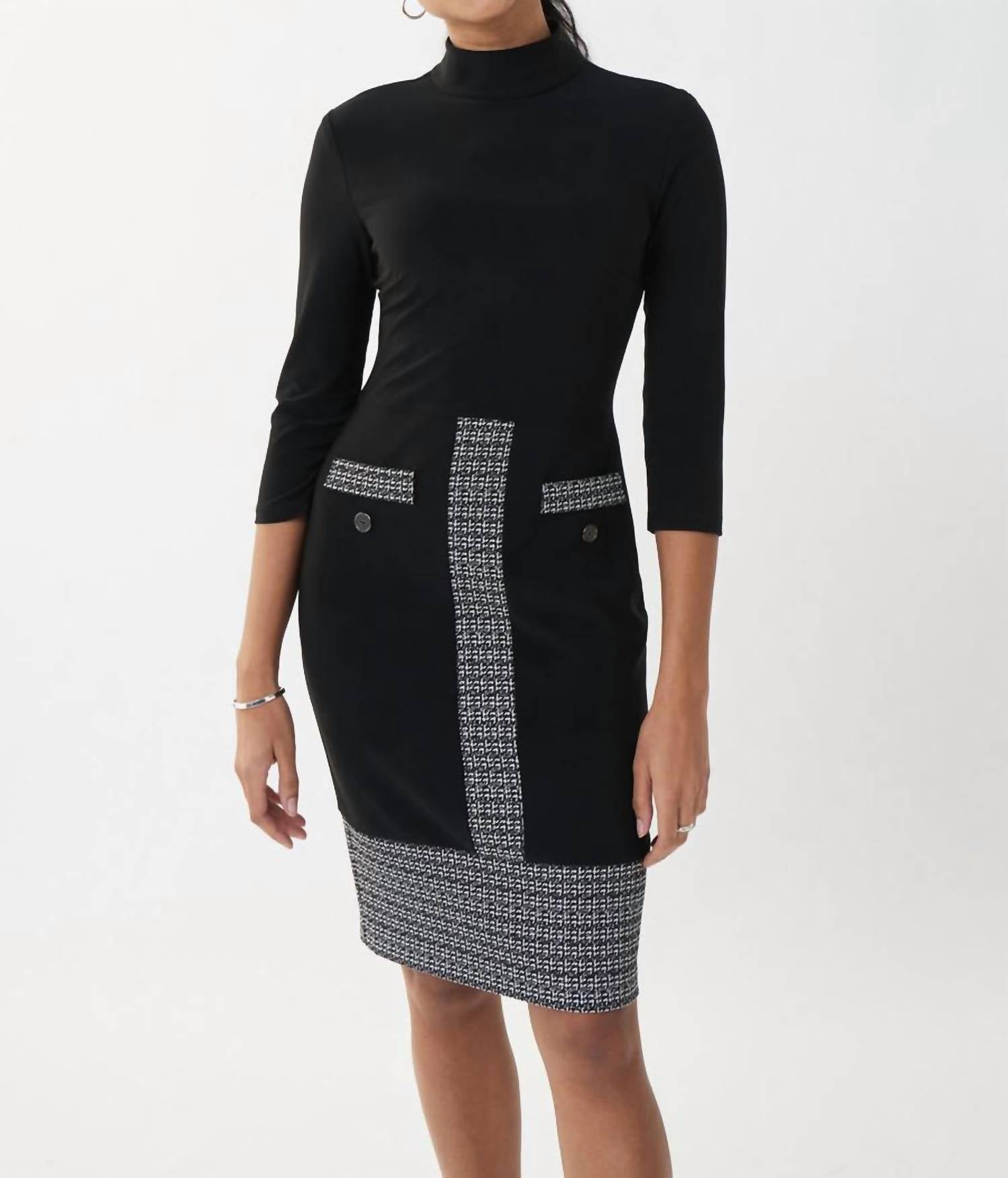 Joseph Ribkoff Long Sleeve Midi Dress in black white silver - women's dress