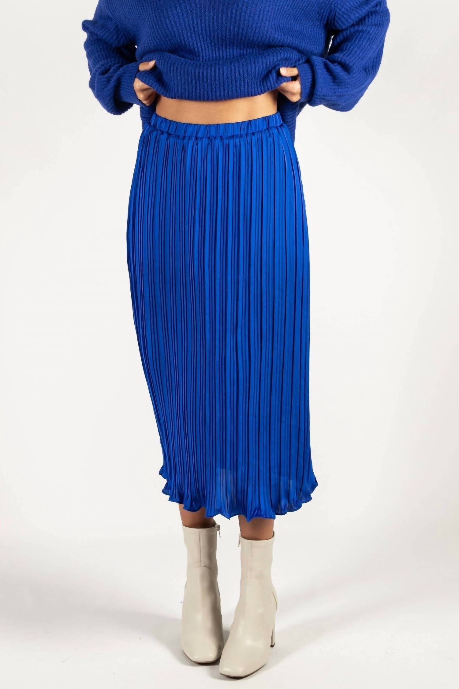 Before You - Cobalt Pleated Satin Midi Skirt