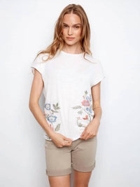 Charlie B - Cap Sleeve Cotton Floral Embroidery Top