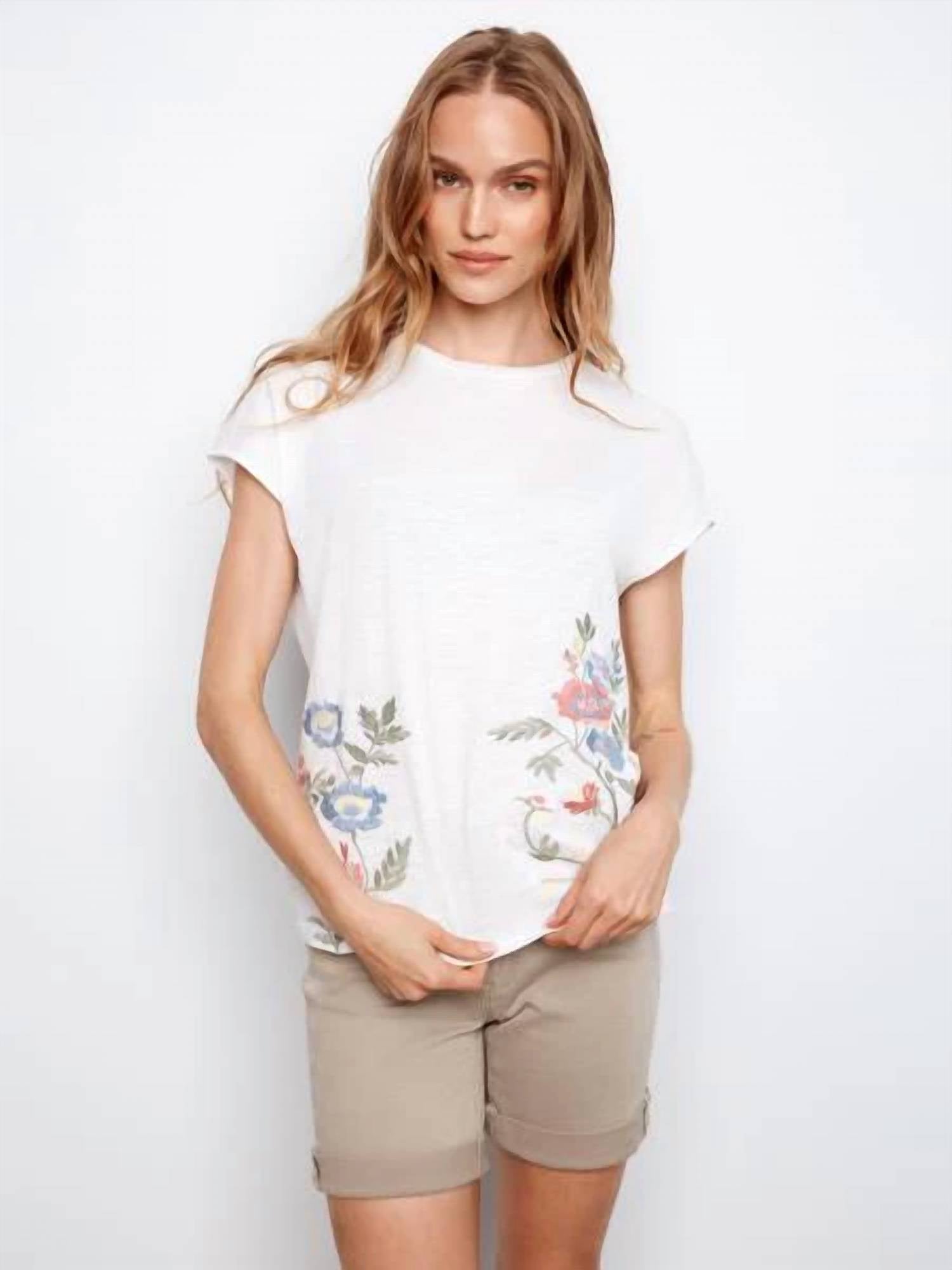 Charlie B - Cap Sleeve Cotton Floral Embroidery Top