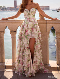 Sherri Hill Ruched Bodice High Slit Floral Dress in ivory green pink print - women's dress