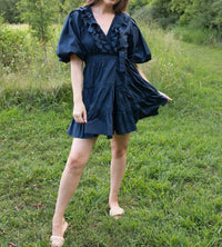 GiGiO Sunlit Garden Tiered Wrap Mini Dress in navy - women's dress