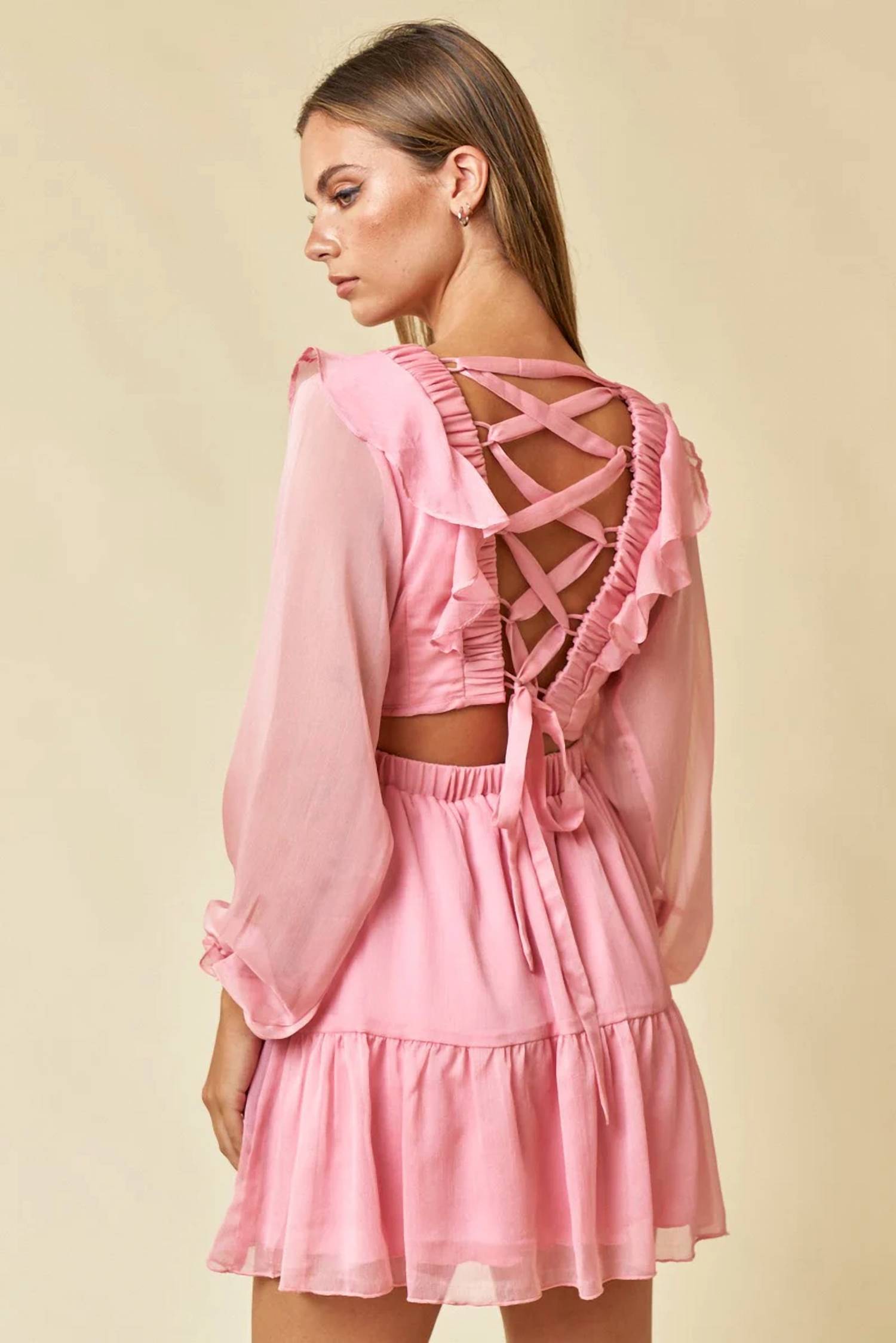 Blue Blush - RUFFLE DETAIL LACE UP BACK BABYDOLL DRESS