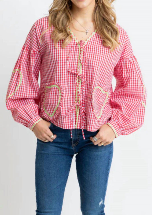 Karlie - Vintage Check Ric Rac Heart Tie Top