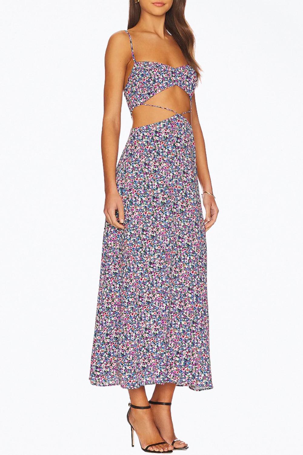 HANNA FLORAL-PRINT CUTOUT CREPE MIDI DRESS