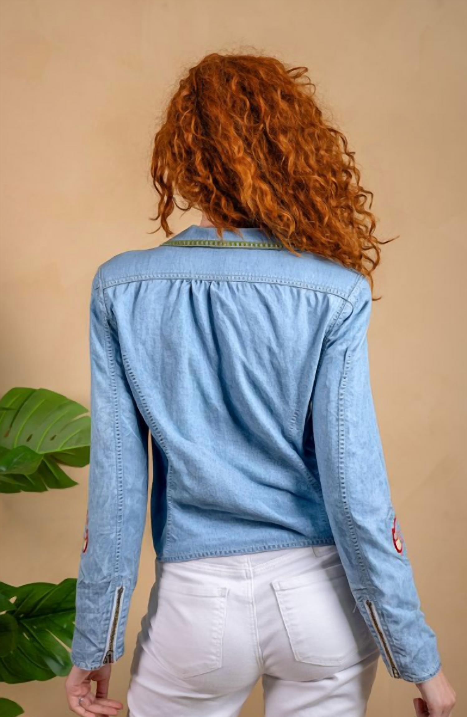 Paparazzi - Embroidered Denim Tencel Moto Jacket