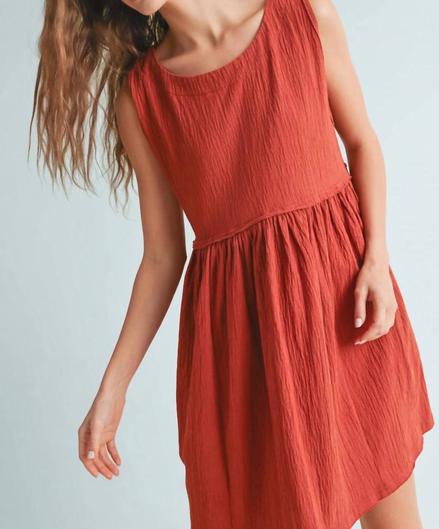 WISHLIST Tara Crinkle Knit Raw Edge Detail Tank Dress in brick - women's dress - view 4