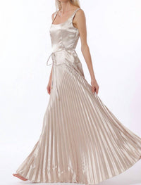 Aakaa Sleeveless Tie Front Waisted Pleat Maxi Dress in champagne - women's dress - alternate view