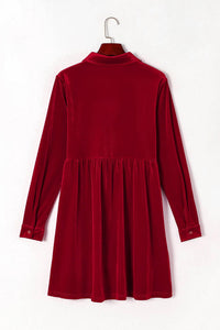 Dear Lover - Long Sleeve Ruffle Velvet Button Up Dress