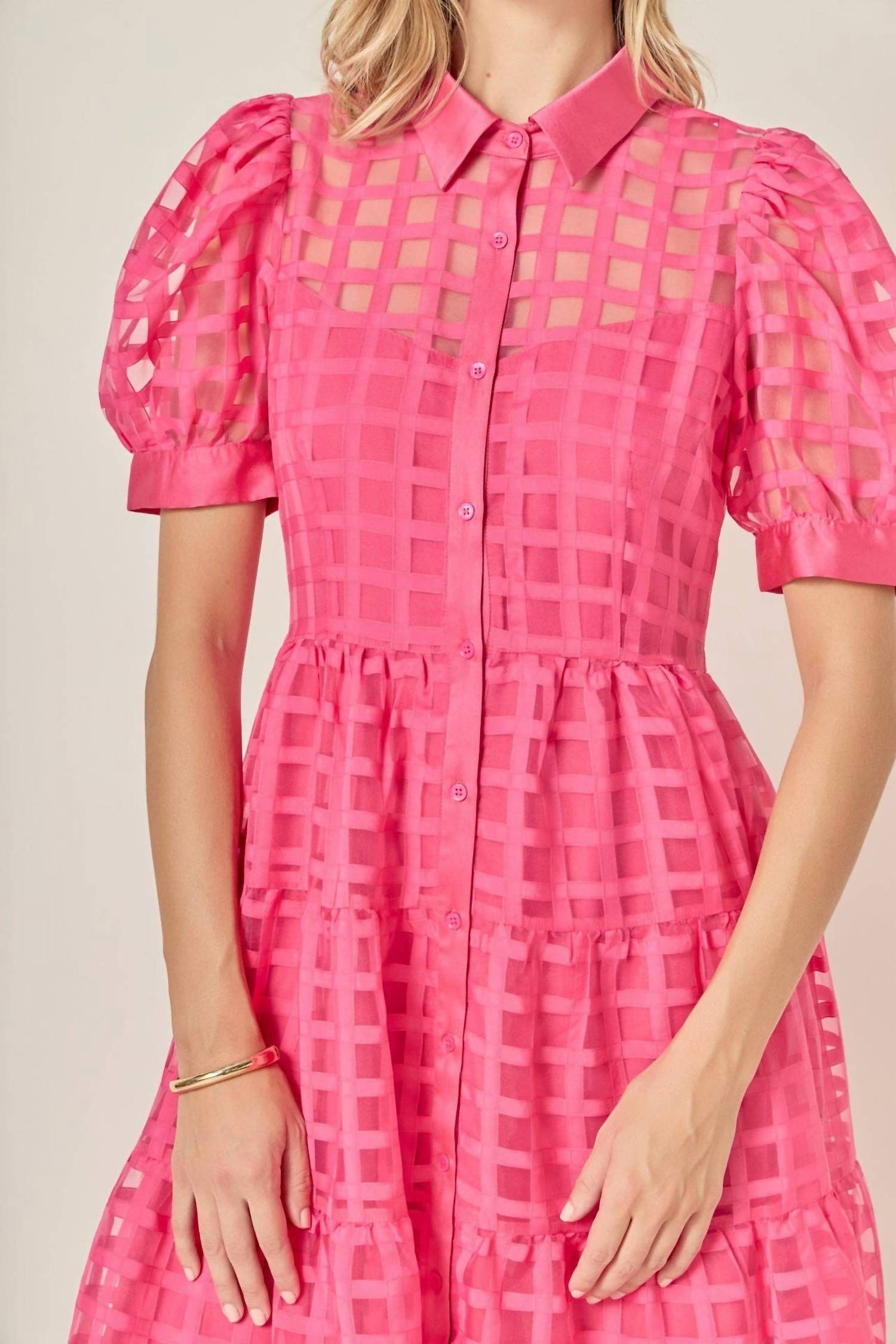 English Factory Gridded Organza Tiered Maxi Dress in coral - women's dress - view 4