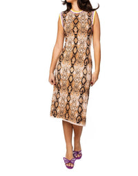 QUEEN OF SPARKLES Snake Print Rainbow Trim Knit Midi Dress in beige - women's dress - detail view