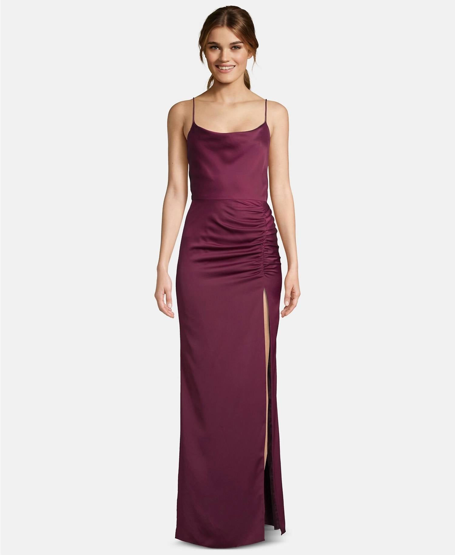 Betsy & Adam - Women's Satin Ruched Slit Gown