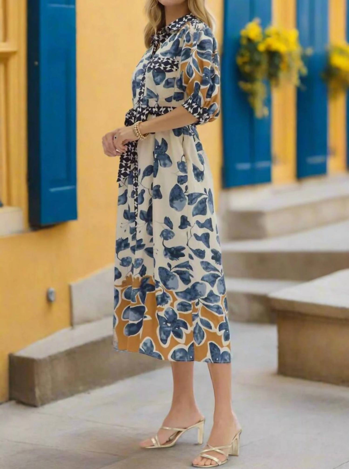 Entro - Botanical Midi Shirt Dress With Tie Waist