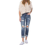 Judy Blue Mid Rise Cuffed Boyfriend Fit Jeans in medium blue - women's jeans - view 4