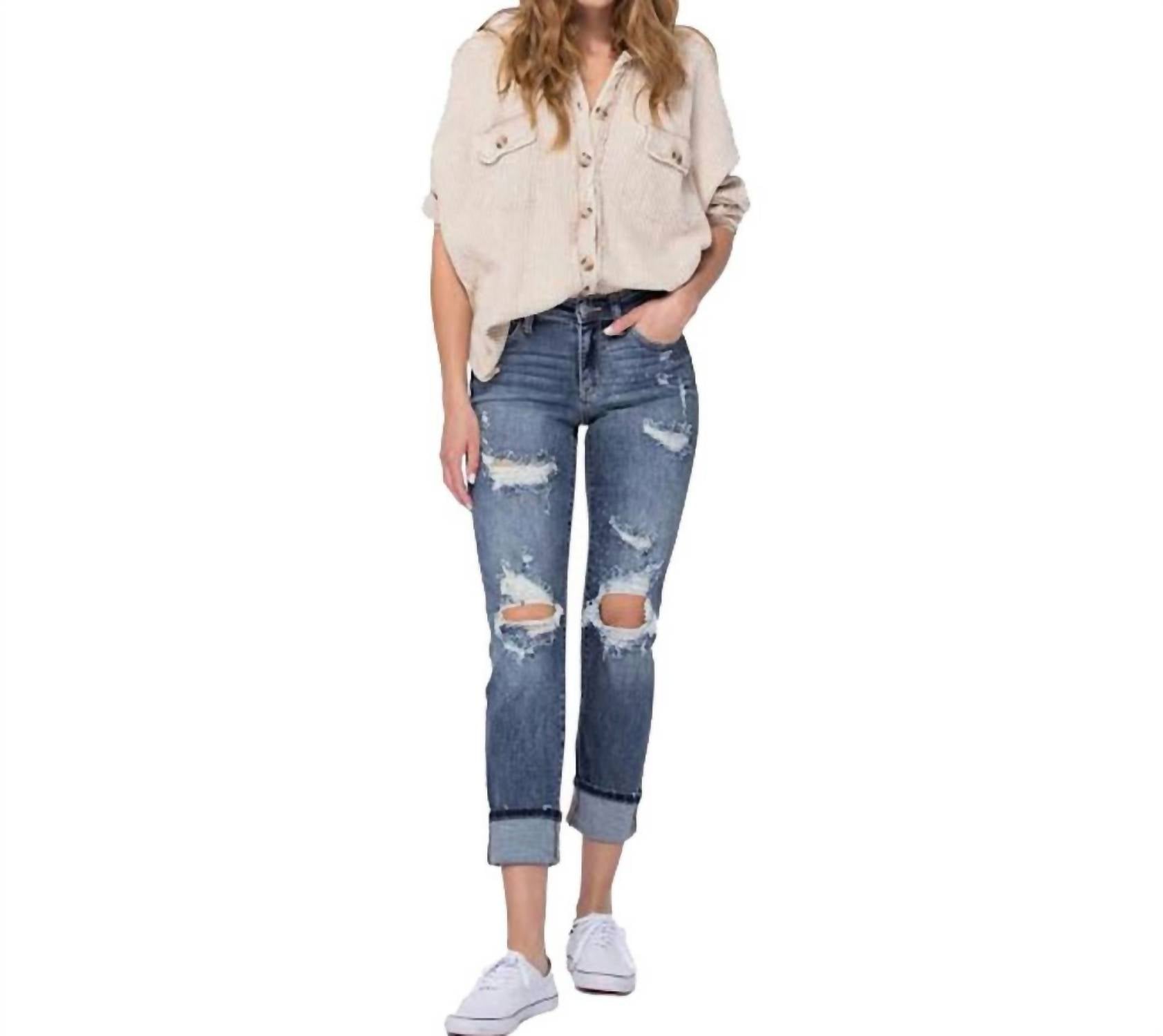 Judy Blue Mid Rise Cuffed Boyfriend Fit Jeans in medium blue - women's jeans - view 4