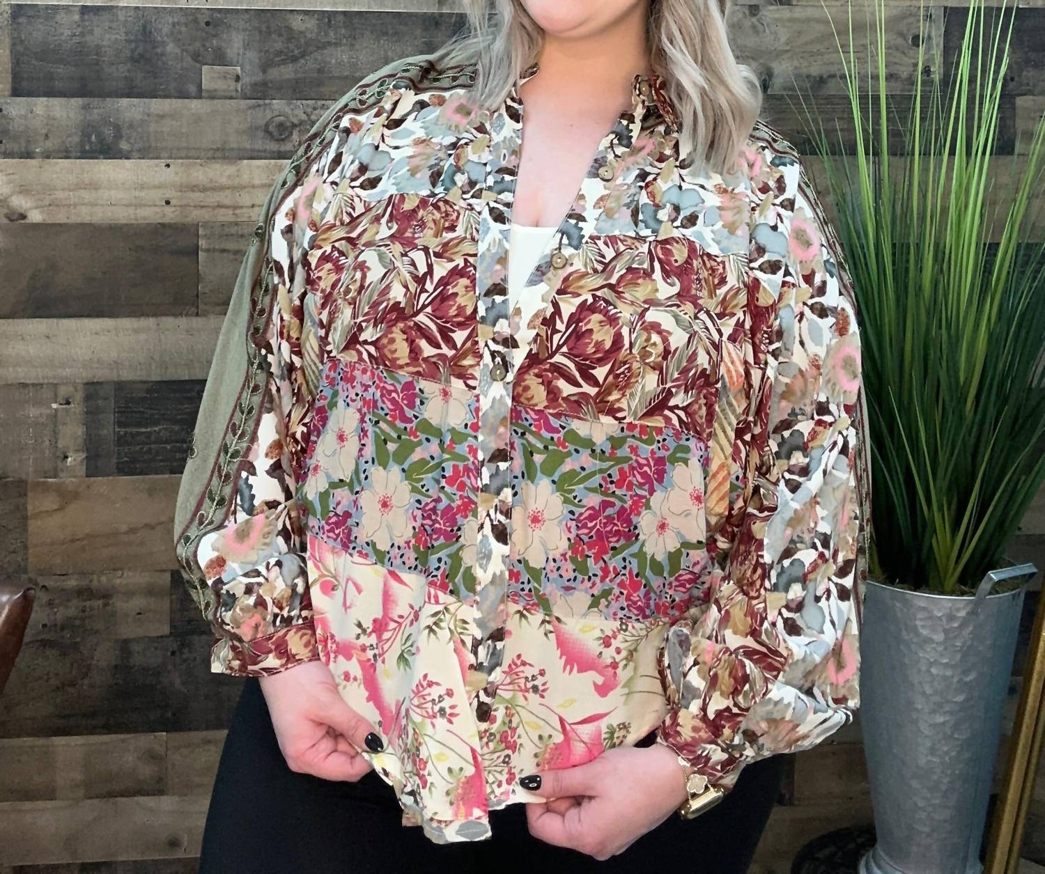 Young Threads Bishop Sleeves Loose Western Shirt in gravel - women's blouse