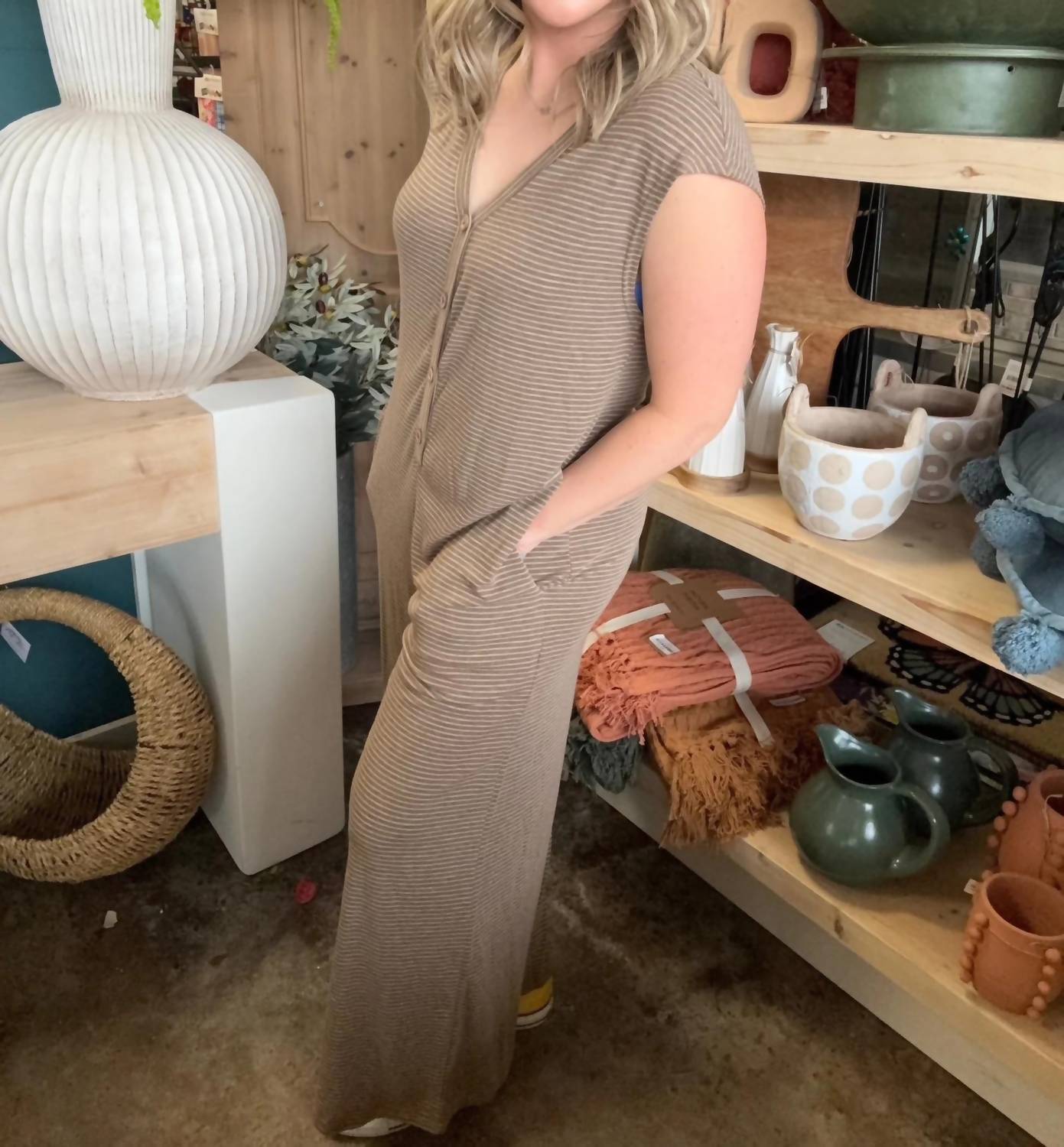 Very J - Striped Button Front Jumpsuit
