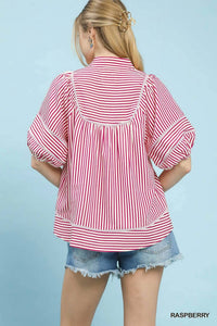 Umgee - V-Neck Mandarin Collared Stripe Top