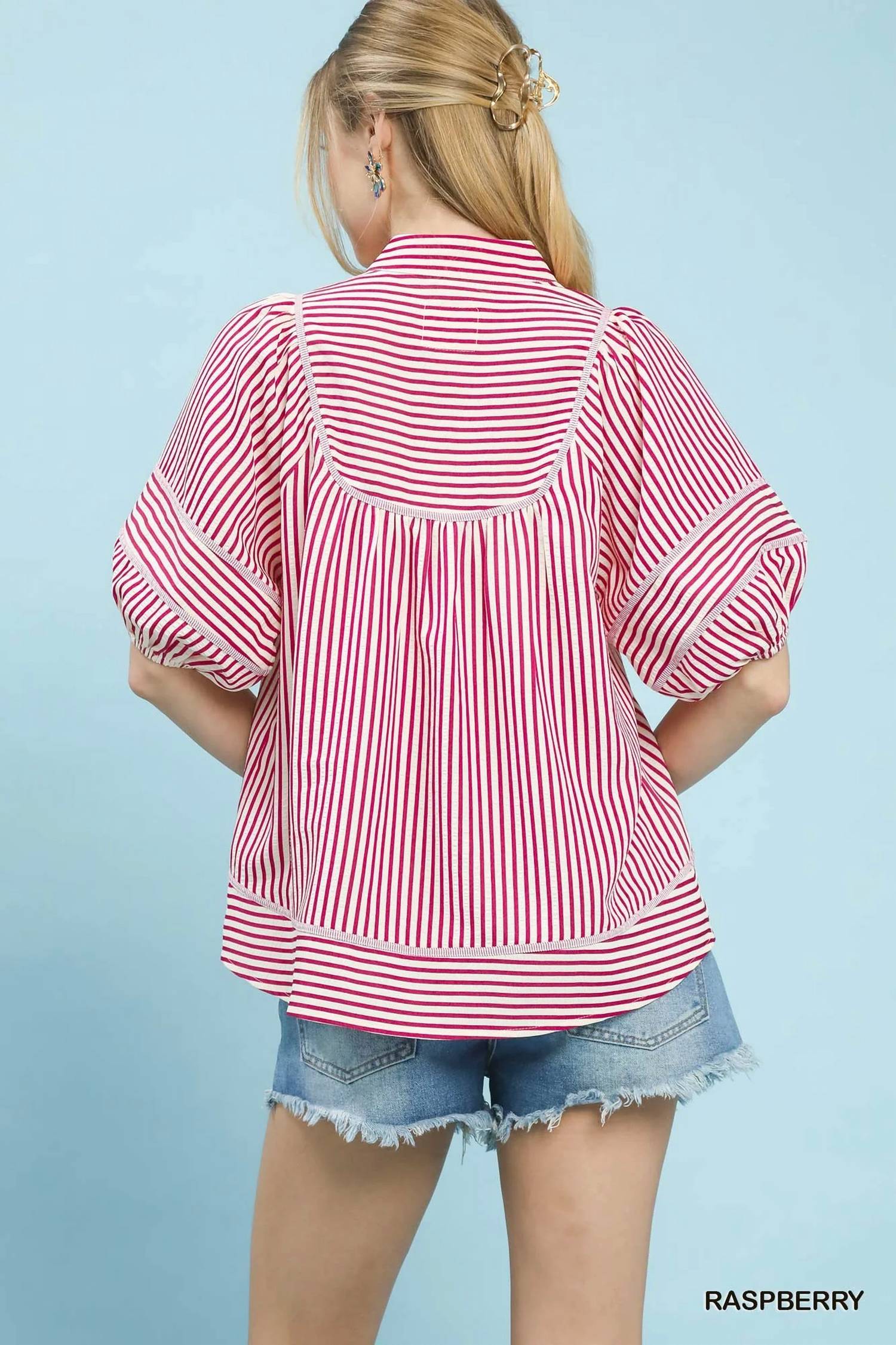 Umgee - V-Neck Mandarin Collared Stripe Top