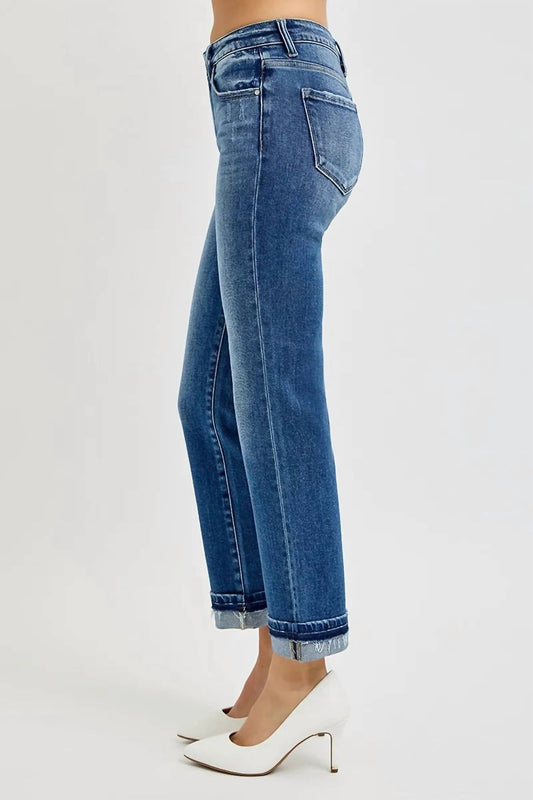 Risen - Mid Rise Ankle Straight Cuffed Jeans