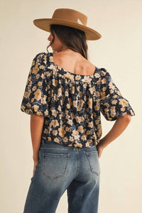 AnnieWear Flower Print Balloon Hem Square Neck Top in black - women's blouse - alternate view