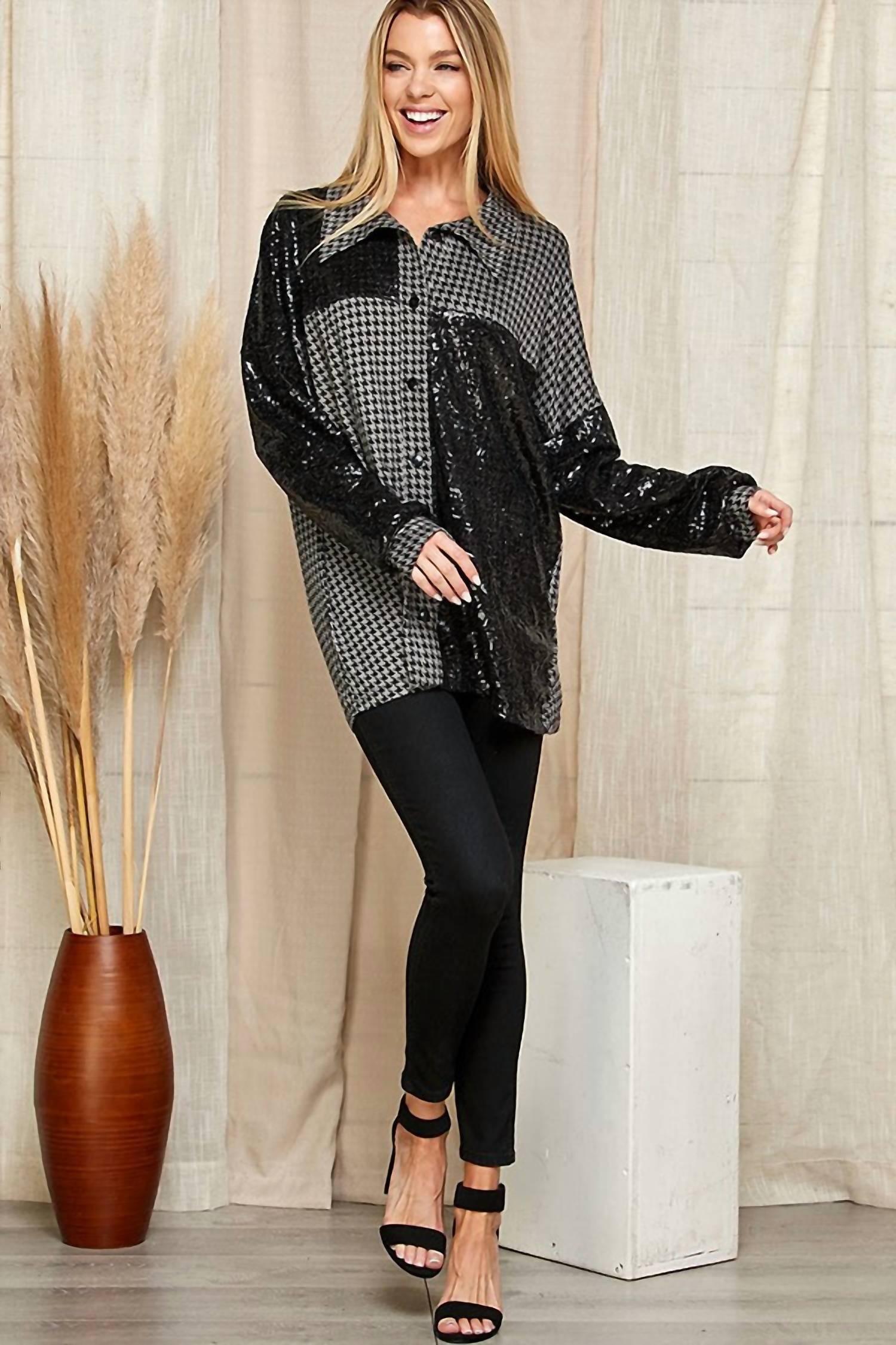 Blumin Upscale Houndstooth Sequin Top in black - women's shirt - alternate view