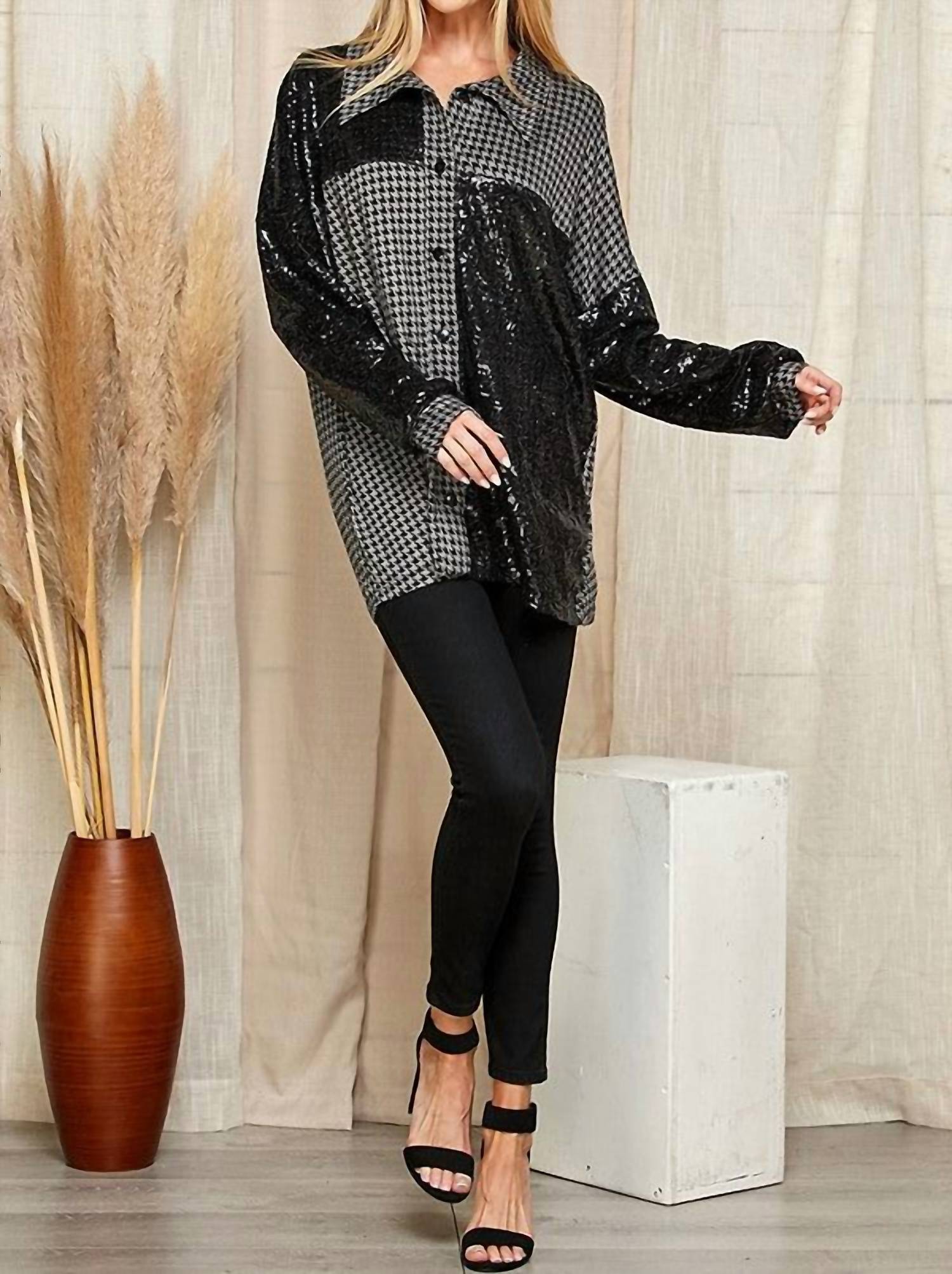 Blumin Upscale Houndstooth Sequin Top in black - women's shirt - detail view