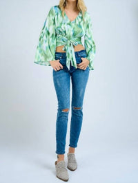 Llove - Bowtie Crop Flare Sleeve Top