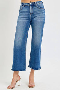 Risen - Tummy Control Elastic Band Mid-rise Crop Wide Leg Jeans