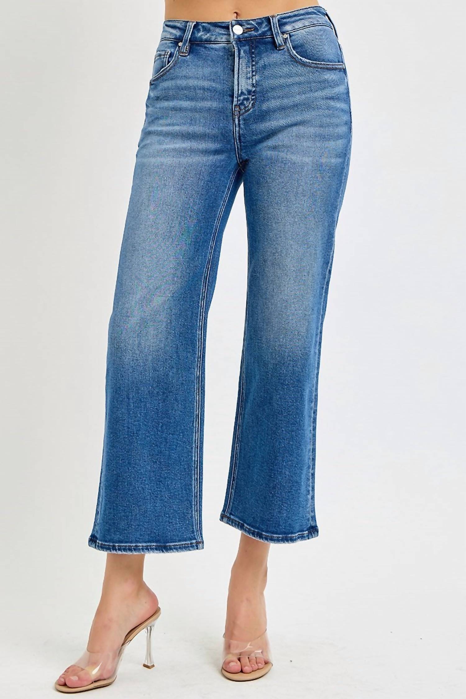 Risen - Tummy Control Elastic Band Mid-rise Crop Wide Leg Jeans