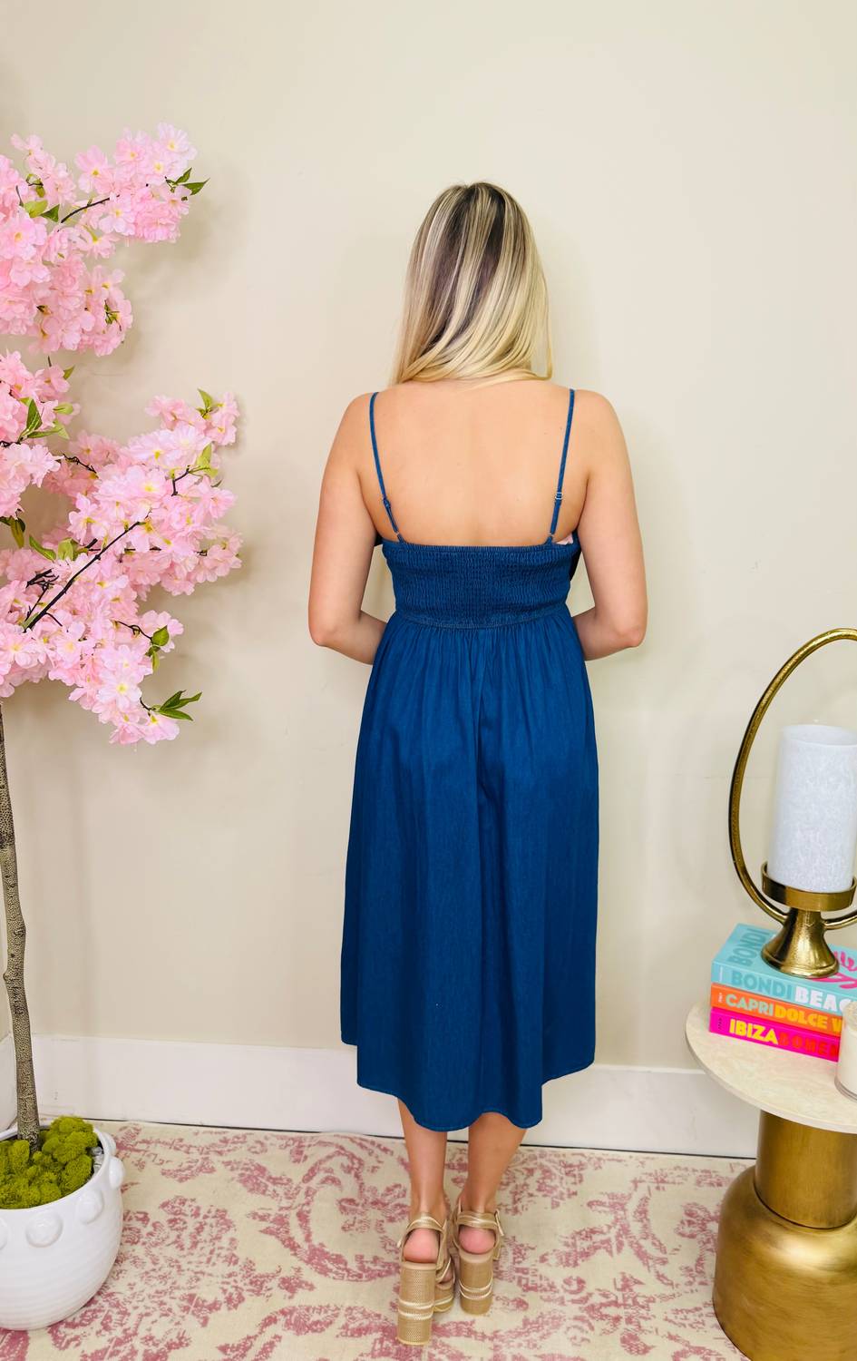 Meet Me In Santorini - Chambray Bow Midi Dress