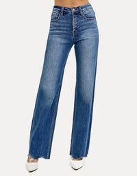 Risen - Tina Tummy Control High Rise Wide Leg Raw Cut Hem Jeans