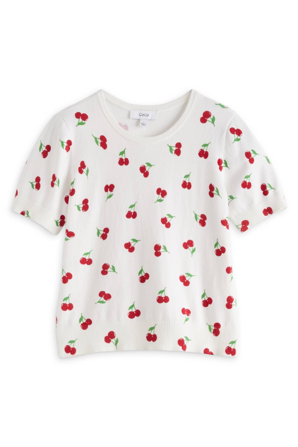 Cece - Women's Cherry Printed Short Sleeve Crew Neck Sweater