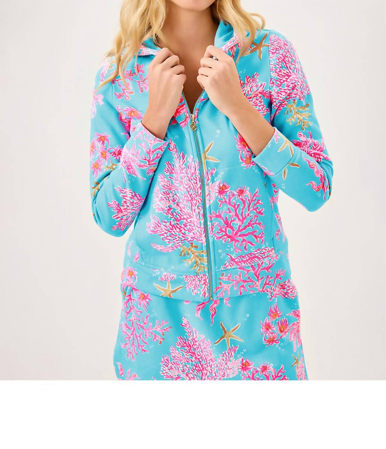 Lilly Pulitzer Avida Zip-up Terry Hoodie in multi royal coral - women's top - detail view