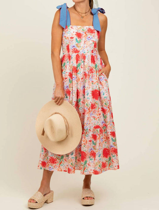 Entro - Floral Contrast Shoulder Tie Midi Dress