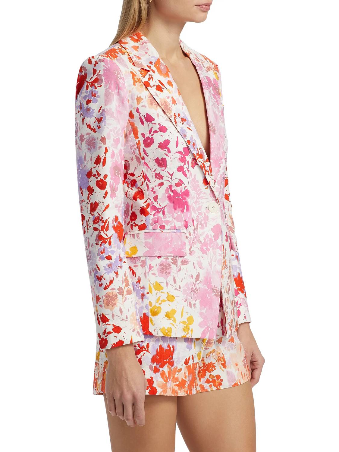 Derek Lam 10 Crosby Irina Floral Printed Stretch Linen Blazer in rose multi - women's jacket - detail view